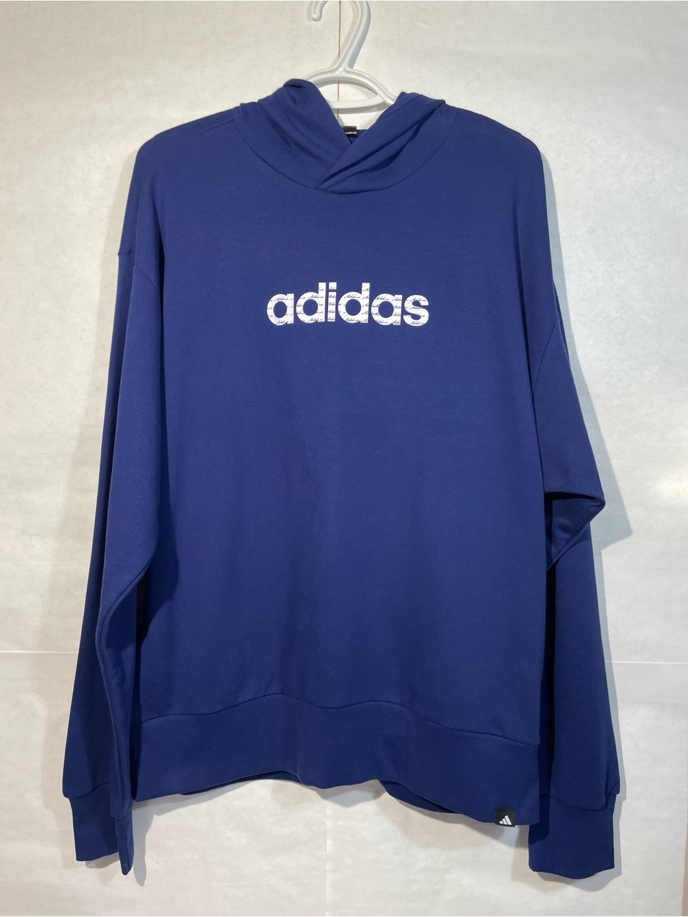 NWT adidas Men’s Large Linear French Terry Blue Hoodie with White Logo